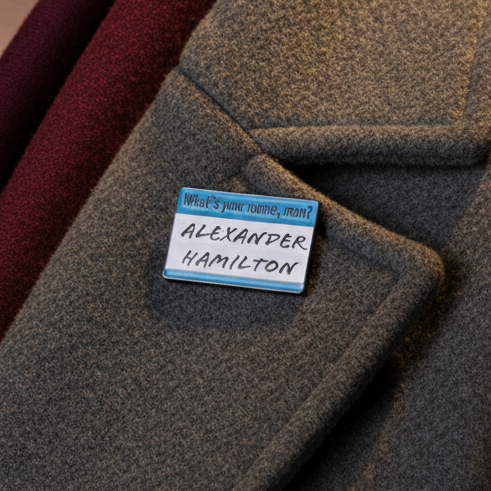 Close-up of an Alexander Hamilton name-tag enamel pin on a gray coat