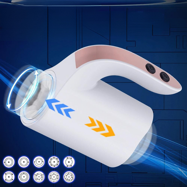 White and pink telescopic masturbator shown angled with rotating motion graphics