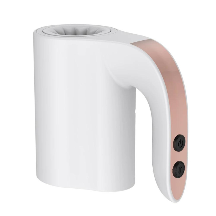 White handheld masturbator with a rose-gold handle, open textured sleeve, and two black buttons