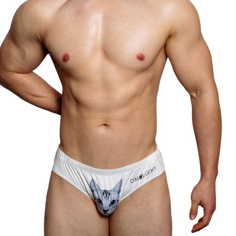 Front view of a shirtless model wearing white cat-print pouch briefs