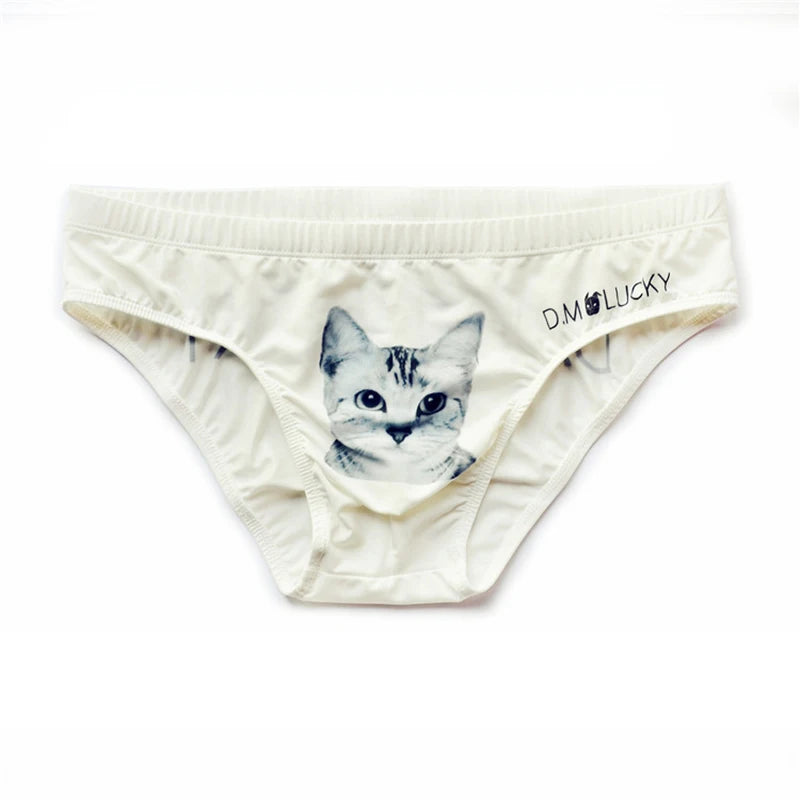 Front view of white men's briefs with a centered cat face print and black waistband lettering
