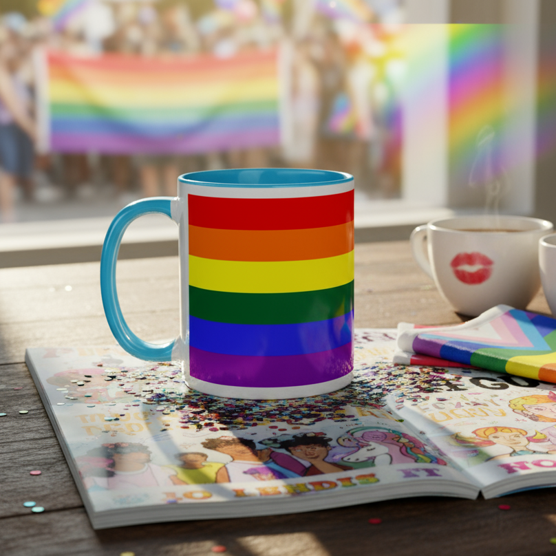 Rainbow-striped mug with a turquoise handle on an open illustrated magazine