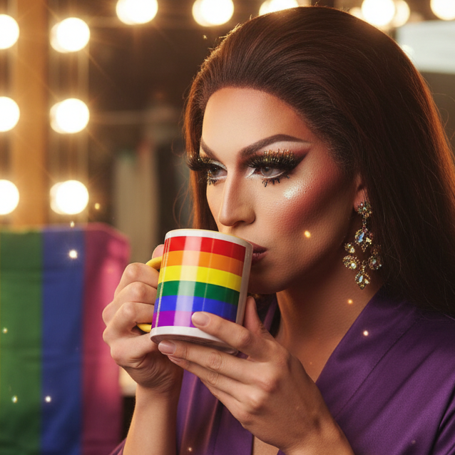 Drag performer with bold makeup sips from a rainbow-striped mug with a white interior