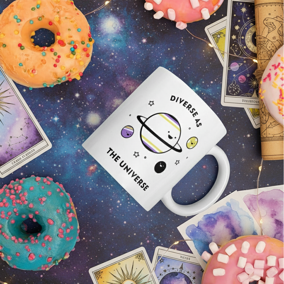 “Diverse as the Universe” mug with a cartoon ringed planet and colorful space characters