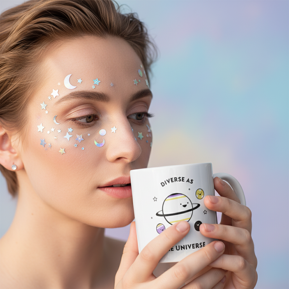 Person holding a white mug with smiling planets and “DIVERSE AS THE UNIVERSE” text