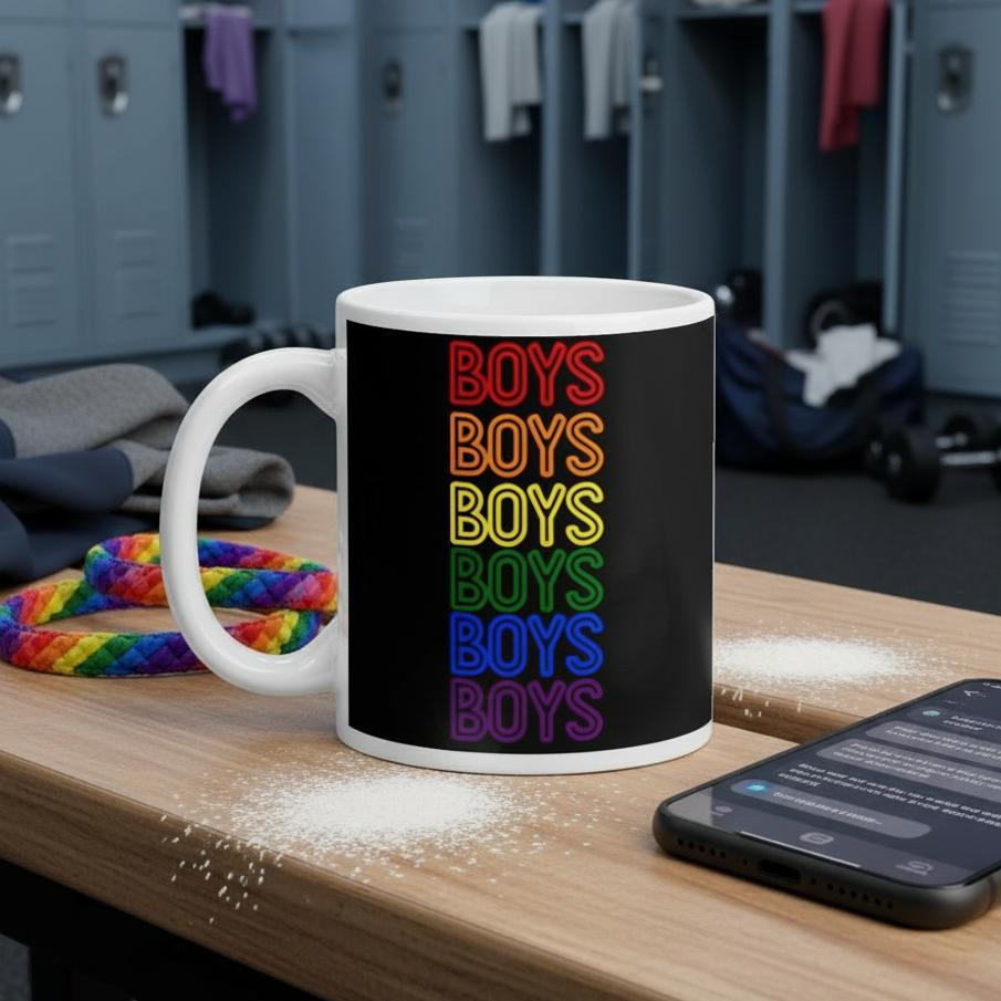 Rainbow “BOYS” mug on a wooden locker-room bench beside a rainbow cloth and phone