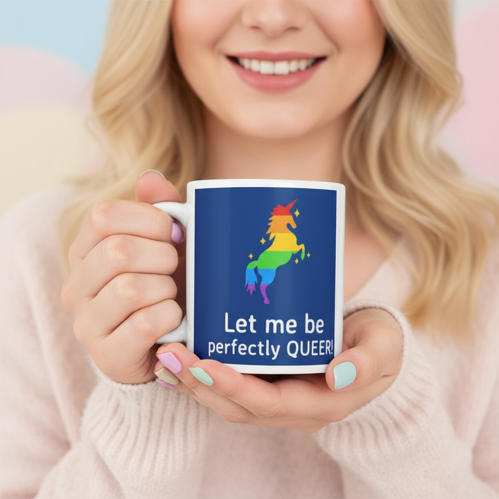Person holding a mug reading “Let me be perfectly QUEER!” with a rainbow unicorn design
