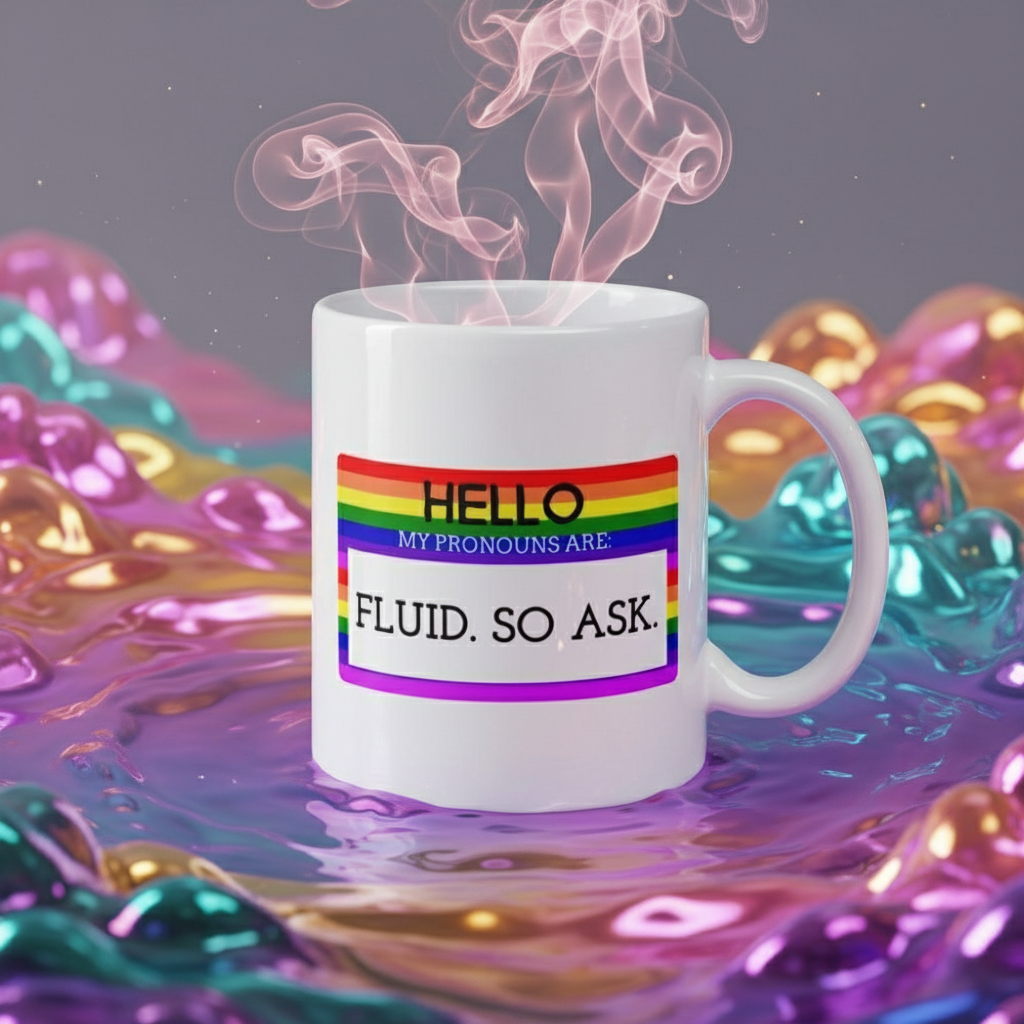 White mug with rainbow stripes reading “Hello, my pronouns are: fluid, so ask.”