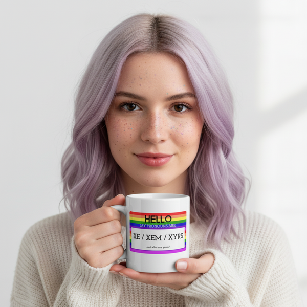 Person holding a white mug with rainbow stripes and “HELLO MY PRONOUNS ARE XE / XEM / XYRS” text