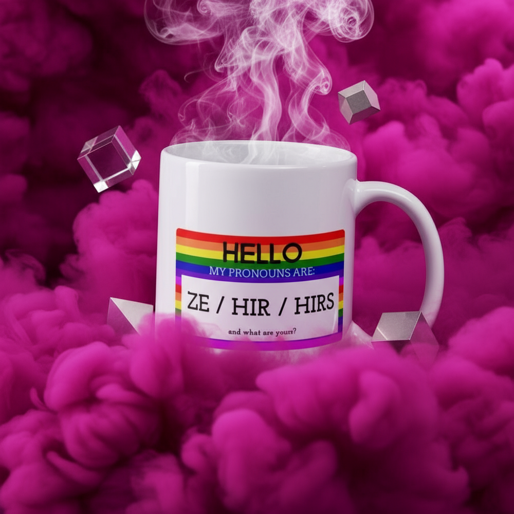 White mug reading “HELLO MY PRONOUNS ARE: ZE / HIR / HIRS” with rainbow stripes