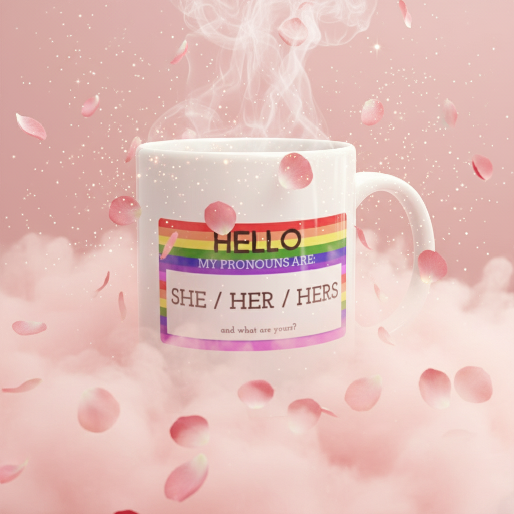 White rainbow-striped mug reading “Hello, my pronouns are: she / her / hers”
