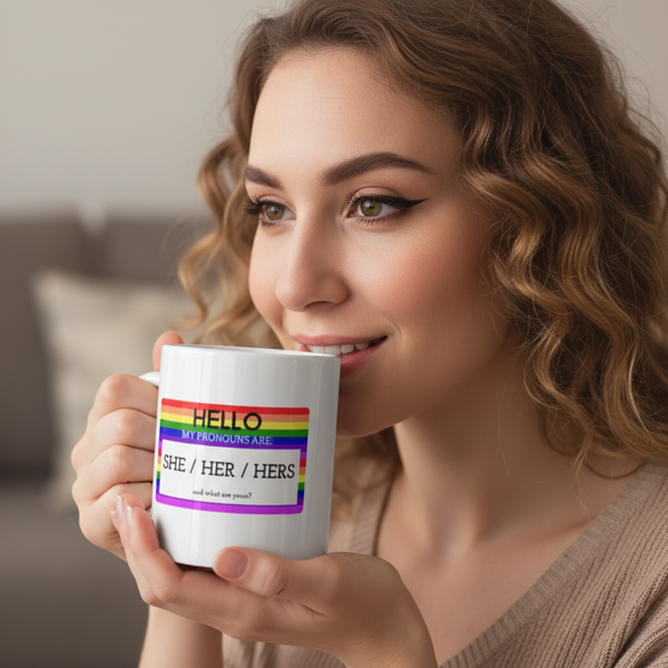 Person holding a white mug reading “HELLO MY PRONOUNS ARE: SHE / HER / HERS” with rainbow stripes
