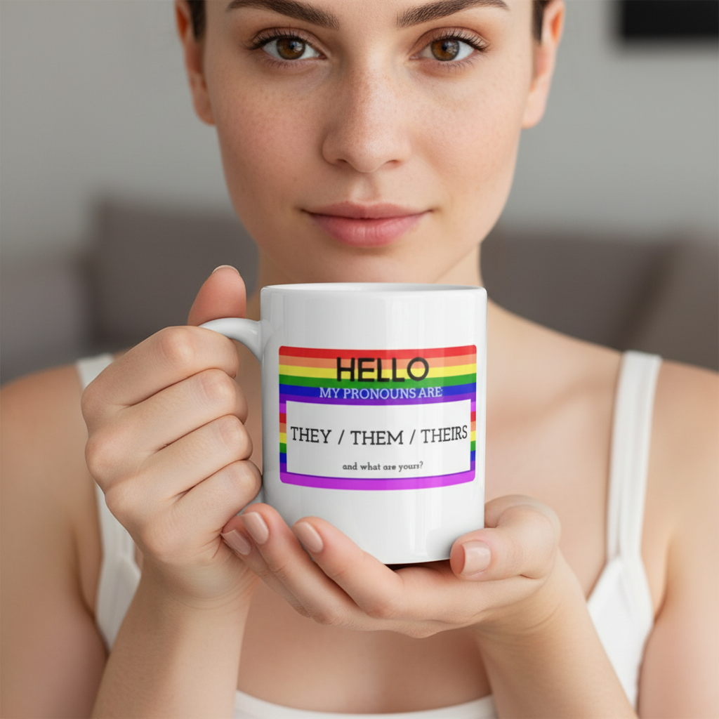 Close-up of a person holding a white rainbow-striped mug reading “Hello, my pronouns are they/them/theirs”