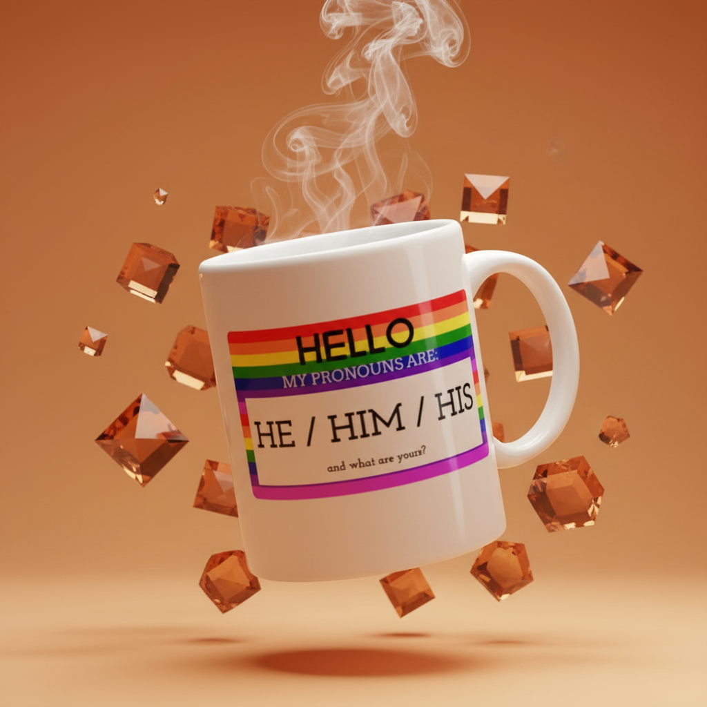 Close-up of a white mug reading “HELLO MY PRONOUNS ARE HE / HIM / HIS” with rainbow stripes