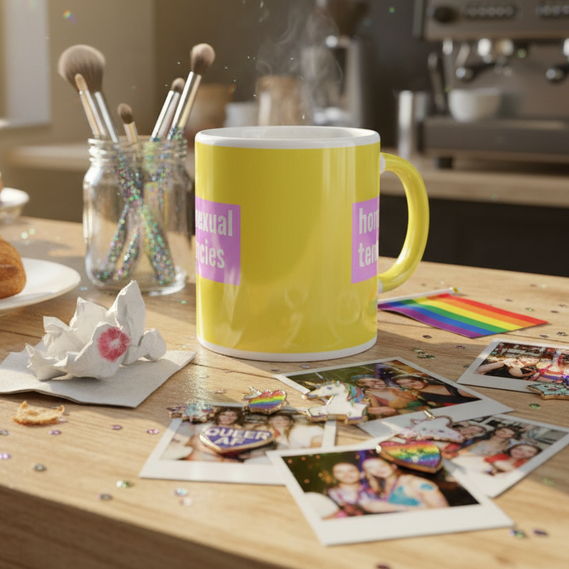 Yellow mug with pink “Homosexual Tendencies” lettering; queer mug with “Homosexual Tendencies” design