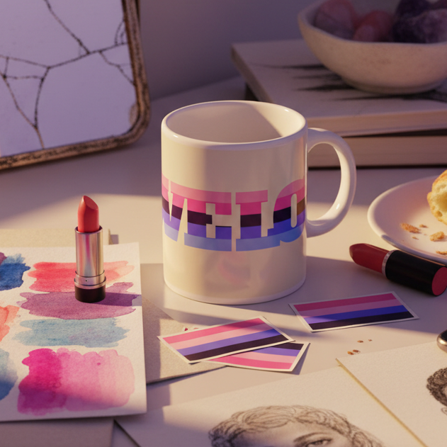 Omnisexual Love Mug with pink, purple, and blue stripes sits among artistic sketches, makeup, and pride-themed items, embodying LGBTQIA+ pride and self-expression in a creative, inclusive workspace.