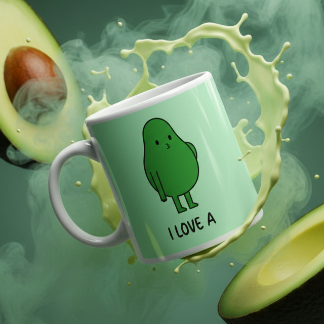 Close-up of a mint green mug with an avocado illustration and “I LOVE A” text amid avocado halves