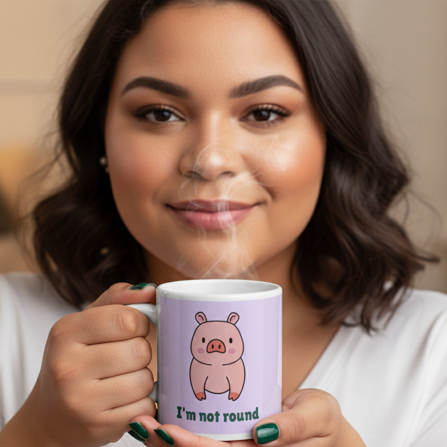 Young person joyfully presenting the I'm Not Round, Just Thicc! Mug with a cute cartoon pig. Steam rises playfully, echoing queer self-expression and empowerment from Queer In The World's inclusive lifestyle collection.