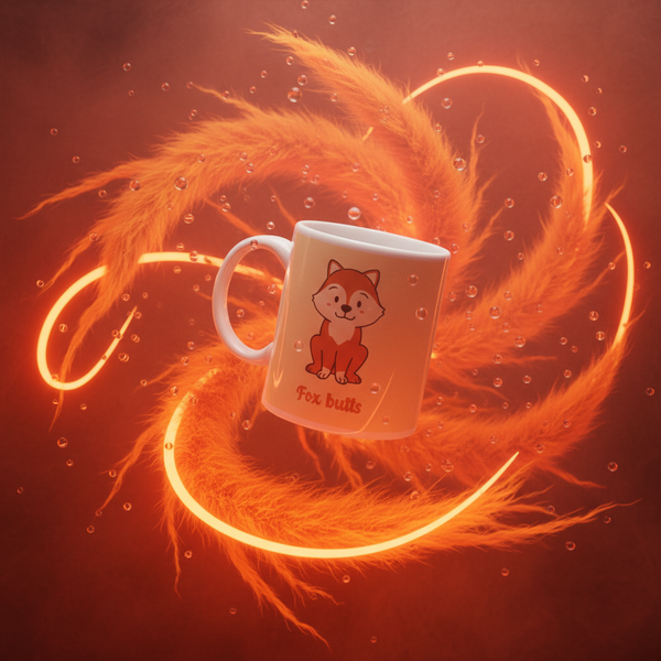 Close-up of a white mug with a cartoon fox and the text “Fox butts”