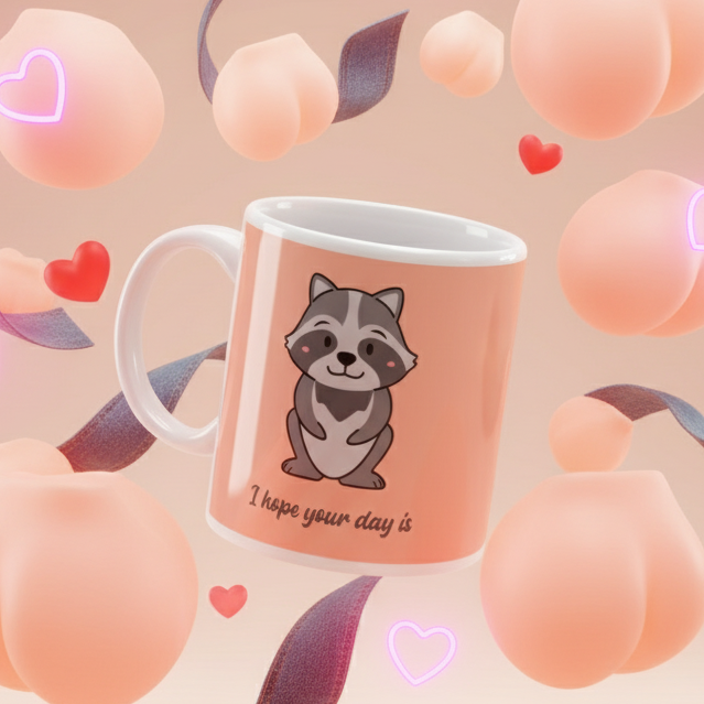 Peach-colored mug with a raccoon illustration; cheeky mug with “I Hope Your Day Is As Nice As Your Butt!” design