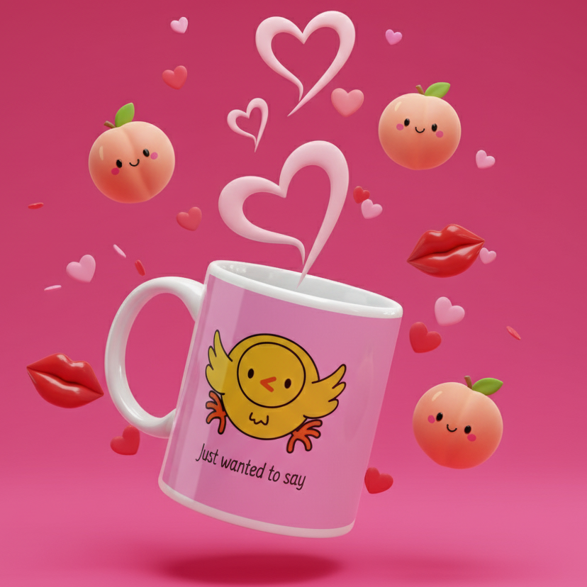 Pink mug with a yellow chick and the visible text “Just wanted to say”