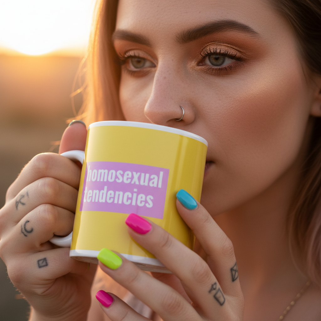 Close-up person sipping a yellow mug labeled “Homosexual tendencies” in warm sunlight