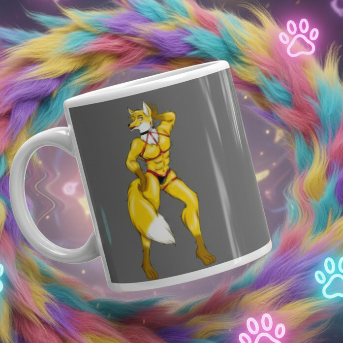 Hot Gay Furry Mug featuring a muscular yellow anthro fox in a red bikini, floating against a pastel rainbow furry ring with glowing paw prints. Celebrating LGBTQIA+ pride and self-expression.