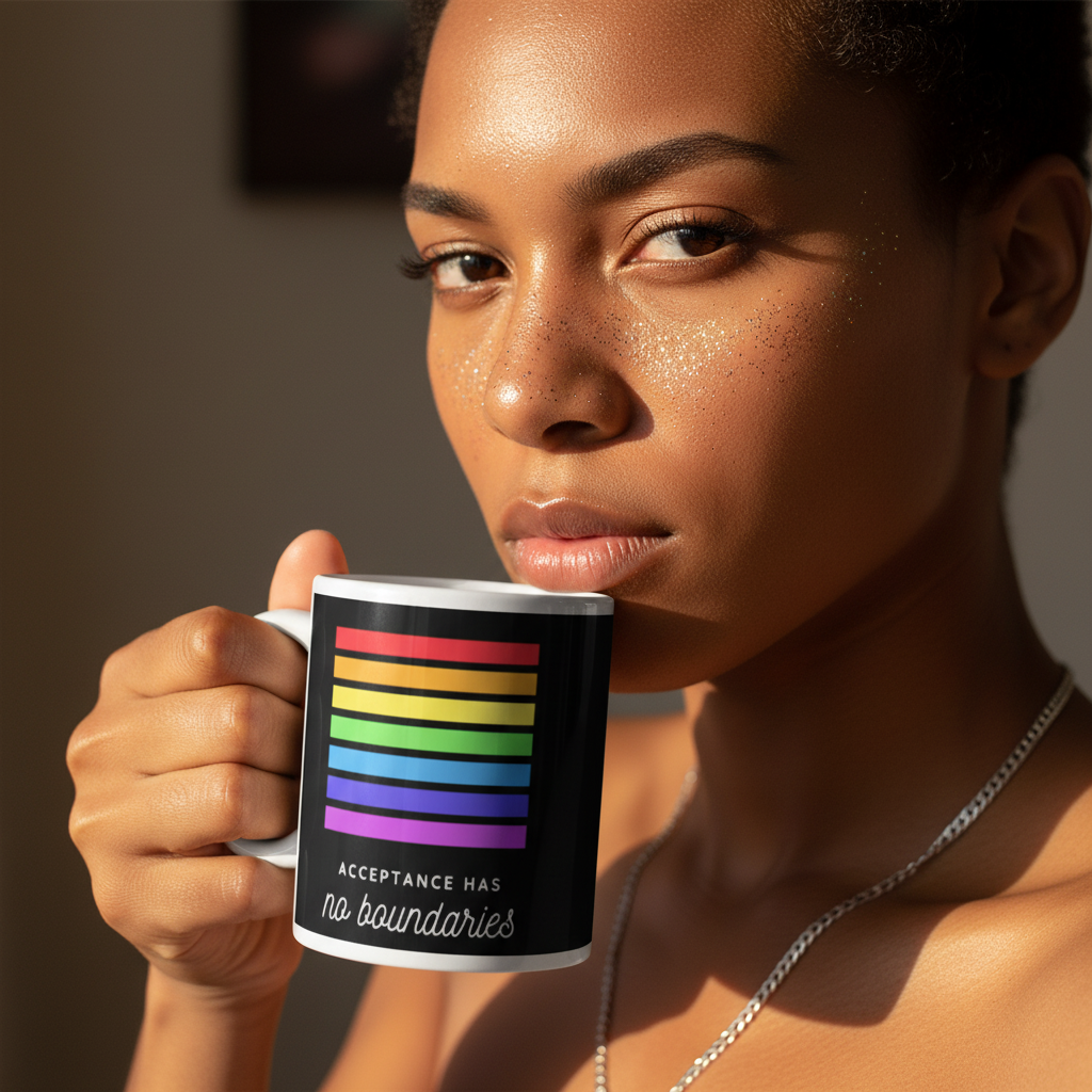 A person proudly holds the Acceptance Has No Boundaries mug, adorned with vibrant rainbow stripes. This empowering, LGBTQIA+ mug symbolizes pride and self-expression, perfect for celebrating identity with every sip.