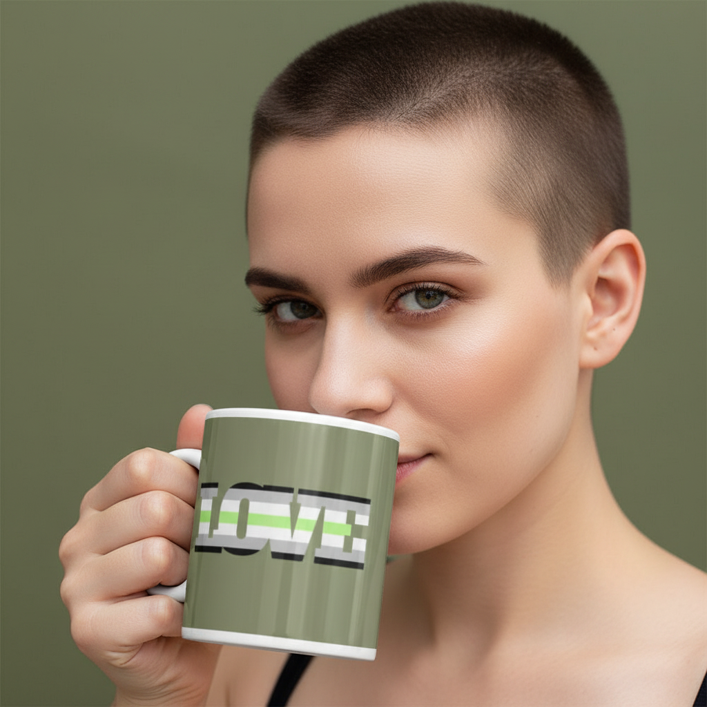 Young person with a closely-shaved haircut holds the Agender Love Mug, featuring bold LOVE text and a green stripe, embodying queer pride and self-expression. Perfect for coffee, tea, or wine.