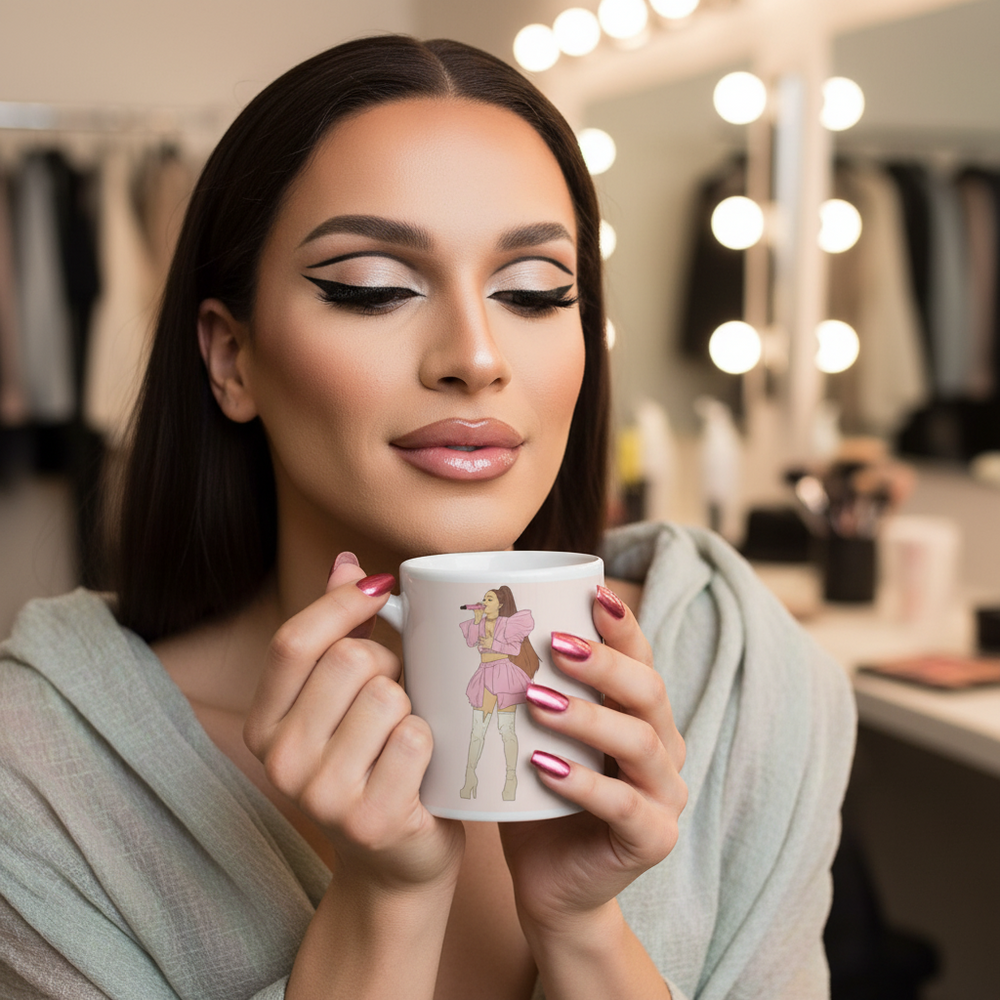 Person holding a white mug printed with a singer in a pink outfit in a lit makeup room