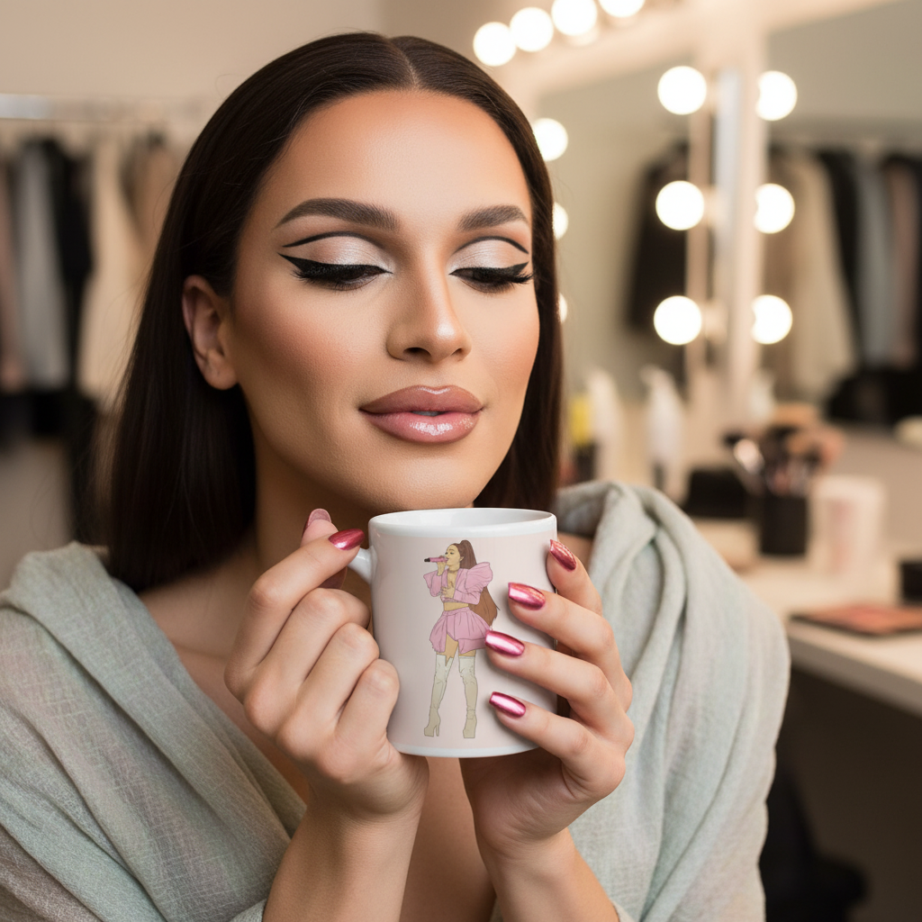 Person holding a white mug printed with a singer in a pink outfit in a lit makeup room