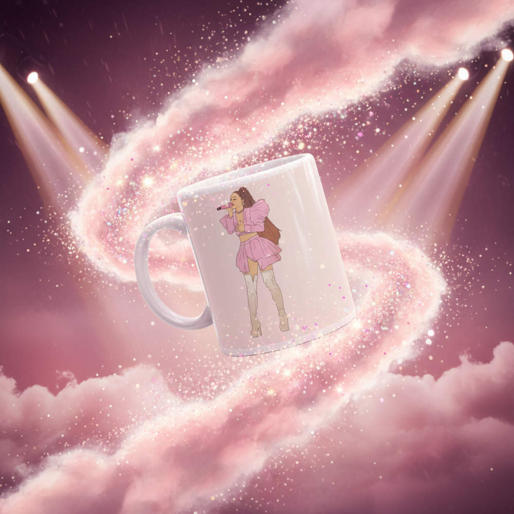White mug tilted in a pink glitter-cloud scene, illustrated singer in a pink outfit on the front