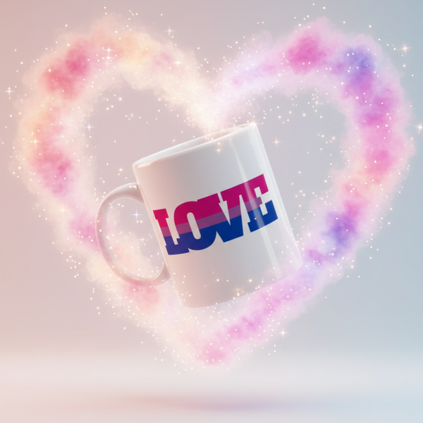 Bisexual Love Mug floating amidst a heart of pastel sparkles and clouds, featuring LOVE in pride colors. Perfect for embracing queer pride, visibility, and self-expression in your daily routine.