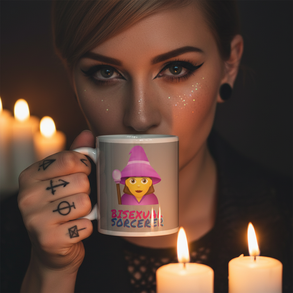 A hand with rune tattoos holds the Bisexual Sorcerer Mug, featuring a wizard emoji and bold lettering. The scene exudes queer pride, with flickering candles enhancing the empowering, self-expressive vibe.