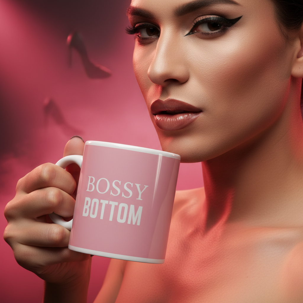 Woman holding a Bossy Bottom mug, showcasing queer pride with dramatic eyeliner; pink glow enhances the empowering vibe. Perfect for expressing LGBTQIA+ identity with confidence and style.