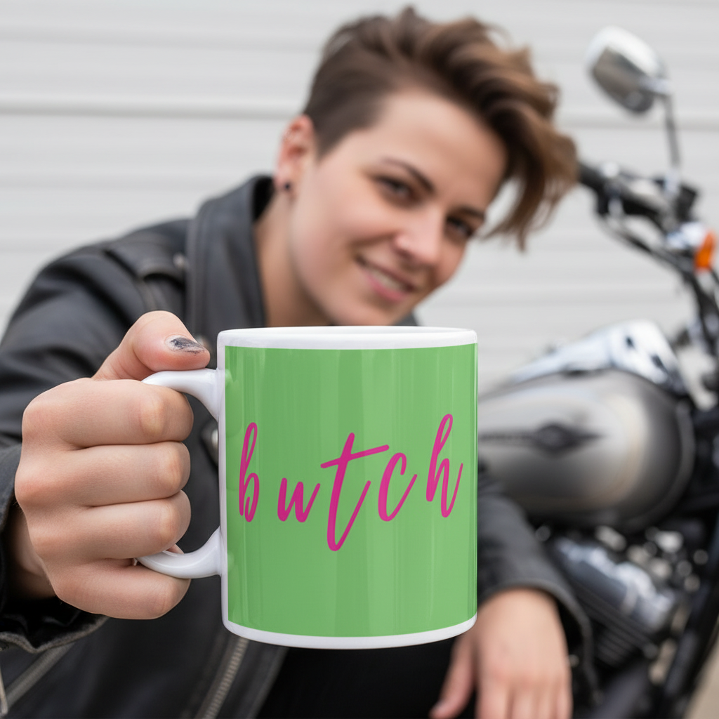A person in a leather jacket holds a Butch Mug with pink script, embodying bold queer self-expression and pride. Perfect for showcasing LGBTQIA+ identity with every sip.