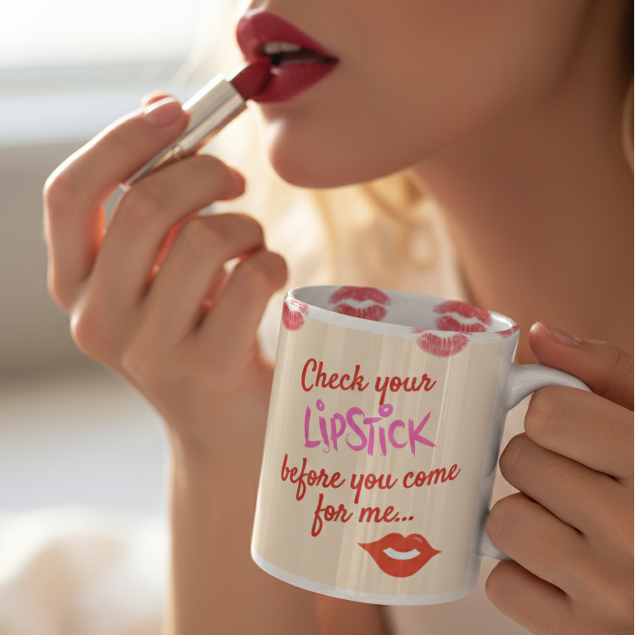 Person applying red lipstick holds the Check Your Lipstick Mug, adorned with lipstick prints and bold lettering. A vibrant, empowering piece from Queer In The World, celebrating LGBTQIA+ pride and self-expression.