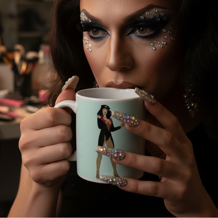 Drag performer sips from the Cher Burlesque Mug, showcasing a bold theatrical costume print. Their jeweled makeup and gem-studded nails amplify the mug's LGBTQIA+ pride, embodying Queer In The World's vibrant spirit.