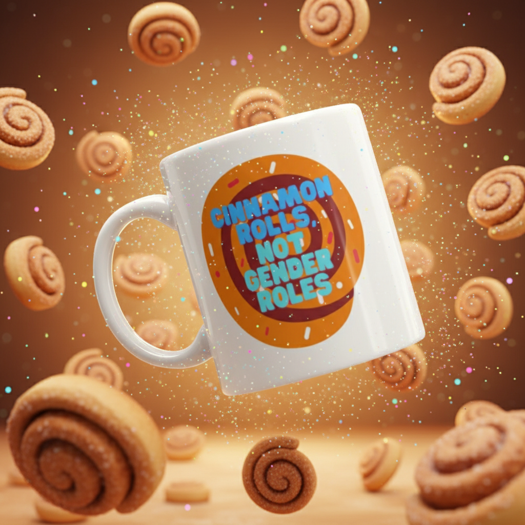 Cinnamon Rolls Not Gender Roles Mug features a playful cinnamon-roll design with celebratory confetti, embodying LGBTQIA+ pride and self-expression. Perfect for any beverage, showcasing bold, queer empowerment.