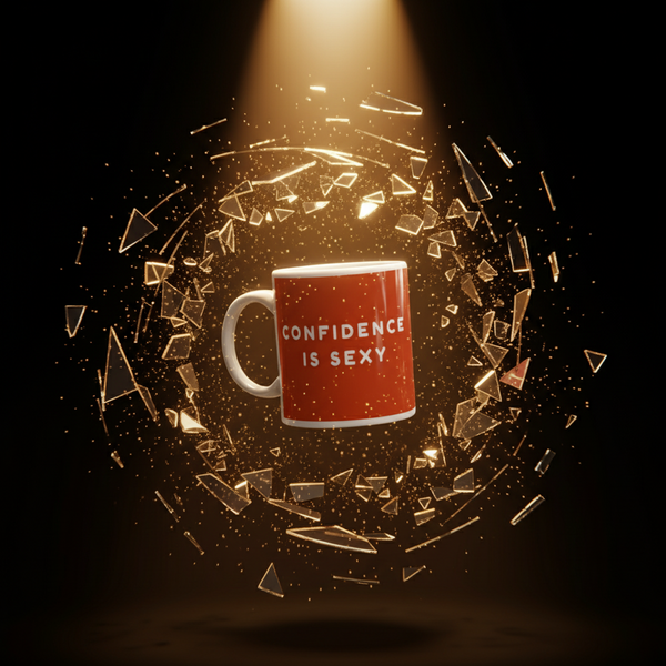 Red 'Confidence Is Sexy' mug radiates energy with golden shards, embodying queer pride and empowerment. Perfect for coffee or tea, it's microwave and dishwasher safe, celebrating self-expression from Queer In The World.