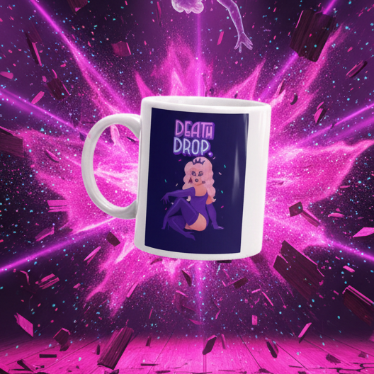 Death Drop Mug featuring a cartoon figure with long hair and a gloved arm, set against a vibrant, cosmic backdrop. Celebrate LGBTQIA+ pride with this durable, dishwasher-safe ceramic mug from Queer In The World.