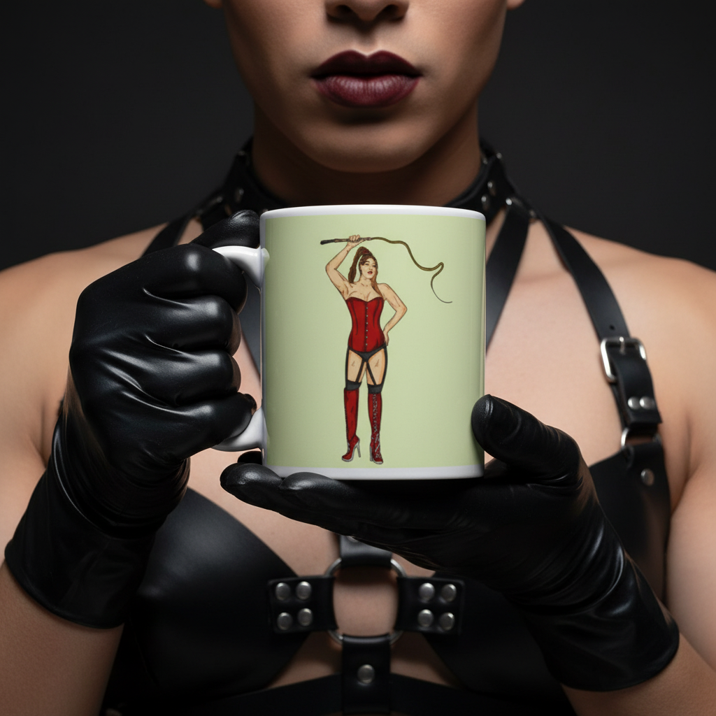 Dominatrix Mug featuring a bold pin-up illustration on white ceramic, held by someone in a leather harness and gloves, embodying a dark, queer aesthetic. Perfect for empowering, prideful self-expression.