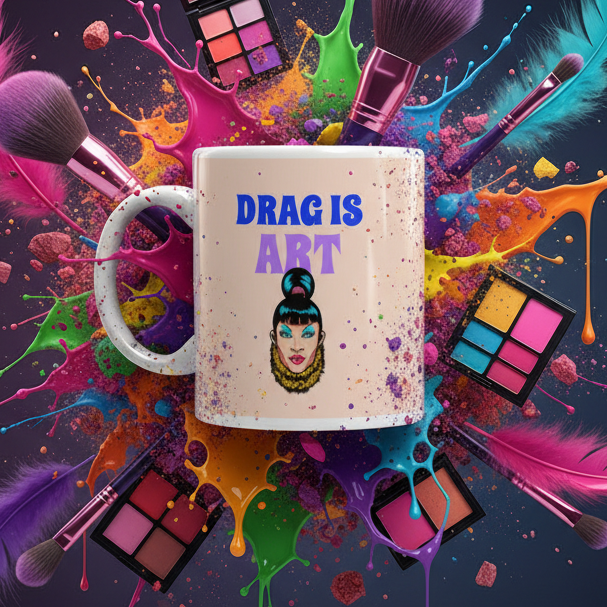 Drag Is Art Mug featuring bold blue and lavender text with a drag queen illustration. Surrounded by vibrant makeup and feathers, showcasing queer pride and self-expression. Perfect for expressing identity and celebrating LGBTQIA+ culture.