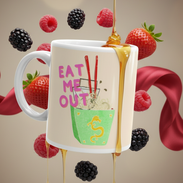 Eat Me Out Mug featuring a playful green take-out box with noodles, chopsticks, and a bold pink slogan. Surrounded by cascading honey and berries, this ceramic mug celebrates vibrant queer self-expression.
