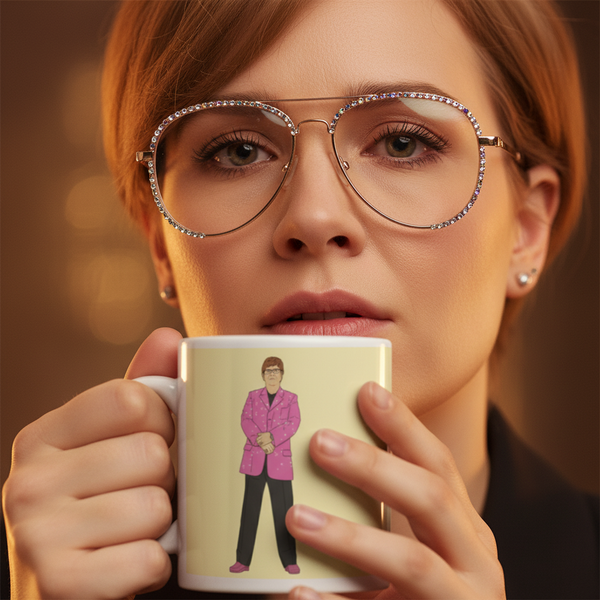 Fair-skinned individual wears crystal-rimmed glasses, holding an Elton John Mug featuring a figure in a bright pink blazer. Celebrate pride and queer identity with this vibrant, dishwasher-safe ceramic mug.