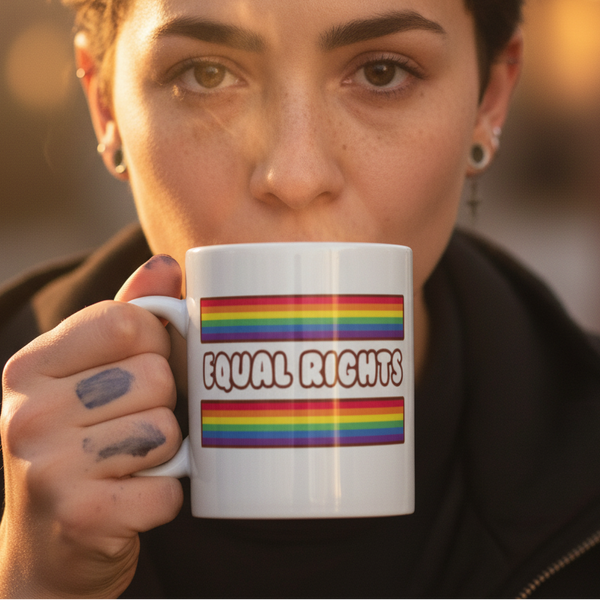 Person holding an Equal Rights mug with rainbow stripes, embodying LGBTQIA+ pride. The sturdy, glossy ceramic design is perfect for expressing self-identity through coffee or tea rituals, celebrating empowerment and visibility.