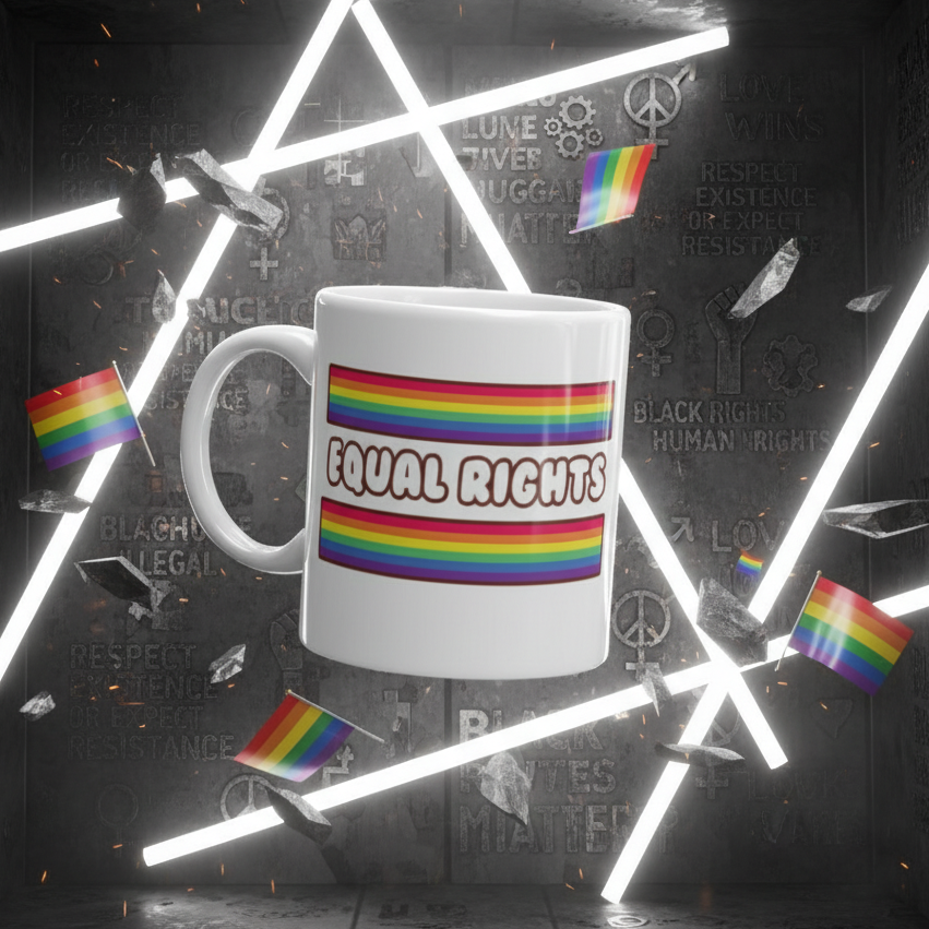Equal Rights Mug floating against a textured backdrop, adorned with rainbow stripes and bubble-letter slogan. Surrounded by pride flags, it embodies LGBTQIA+ pride, self-expression, and empowerment. Perfect for vibrant, inclusive moments.