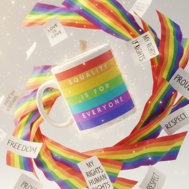Equality Is For Everyone Mug: A white ceramic mug adorned with rainbow stripes and the slogan, surrounded by Pride-colored ribbons and placards with empowering messages, exuding a celebratory, inclusive vibe.