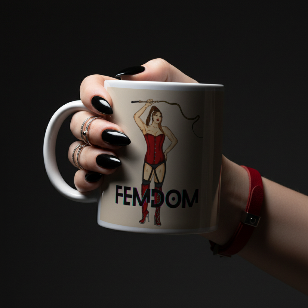 Femdom Mug held by a hand adorned with glossy black nails and silver rings, featuring a bold illustration of a dominatrix with FEMDOM text, embodying empowerment and pride.
