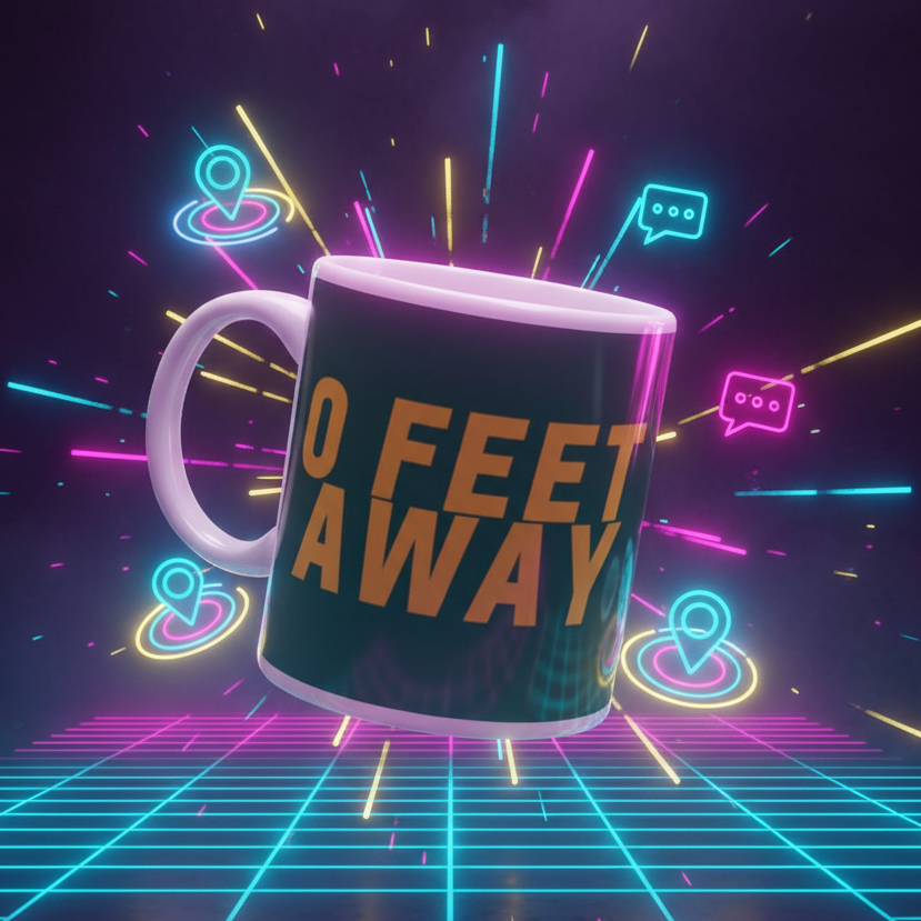 Zero Feet Away Grindr Mug: Black ceramic mug with bold orange text, surrounded by vibrant retro-futuristic neon elements, embodying queer pride and self-expression. Ideal for celebrating LGBTQIA+ visibility and empowerment.